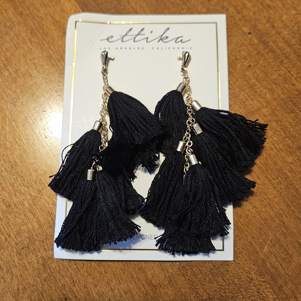 Ettika Black Tassel Earrings with Silver Accents